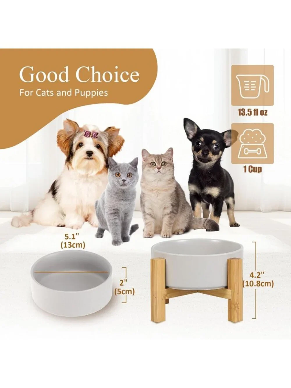 Elevated Ceramic Cat & Dog Bowl with Bamboo Stand - Anti-Vomiting, Stress-Free